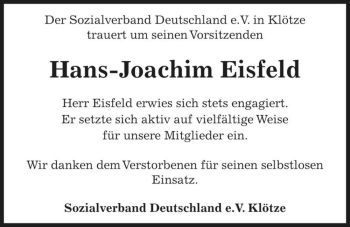 Traueranzeige von Hans-Joachim Eisfeld  von Magdeburger Volksstimme