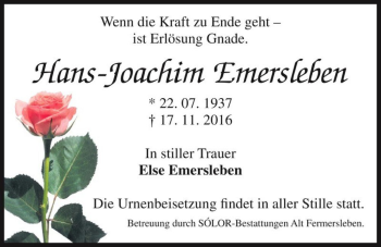 Traueranzeige von Hans-Joachim Emersleben  von Magdeburger Volksstimme