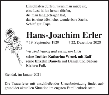 Traueranzeige von Hans-Joachim Erler  von Magdeburger Volksstimme