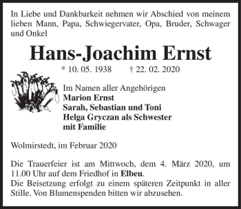 Traueranzeige von Hans-Joachim Ernst  von Magdeburger Volksstimme