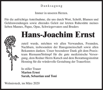 Traueranzeige von Hans-Joachim Ernst  von Magdeburger Volksstimme