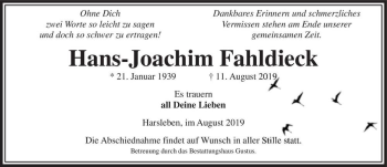 Traueranzeige von Hans-Joachim Fahldieck  von Magdeburger Volksstimme