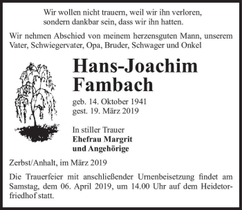 Traueranzeige von Hans-Joachim Fambach  von Magdeburger Volksstimme