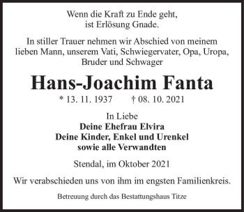 Traueranzeige von Hans-Joachim Fanta  von Magdeburger Volksstimme