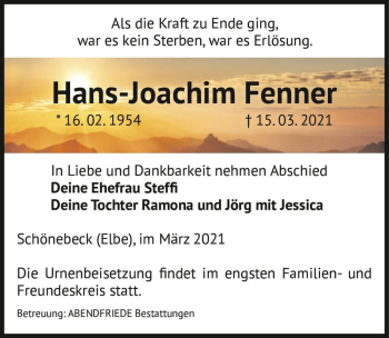 Traueranzeige von Hans-Joachim Fenner  von Magdeburger Volksstimme