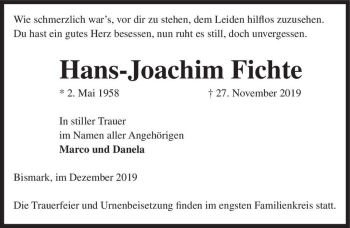 Traueranzeige von Hans-Joachim Fichte  von Magdeburger Volksstimme