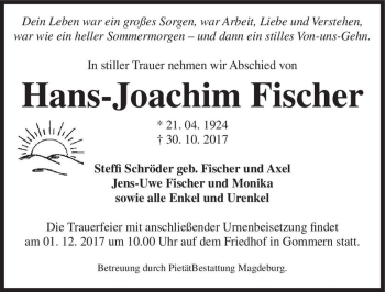 Traueranzeige von Hans-Joachim Fischer  von Magdeburger Volksstimme