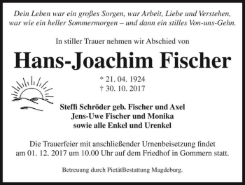 Traueranzeige von Hans-Joachim Fischer  von Magdeburger Volksstimme
