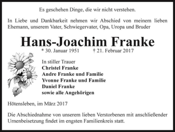 Traueranzeige von Hans-Joachim Franke  von Magdeburger Volksstimme