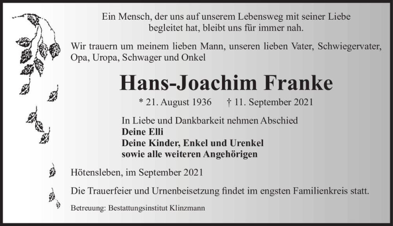  Traueranzeige für Hans-Joachim Franke  vom 18.09.2021 aus Magdeburger Volksstimme