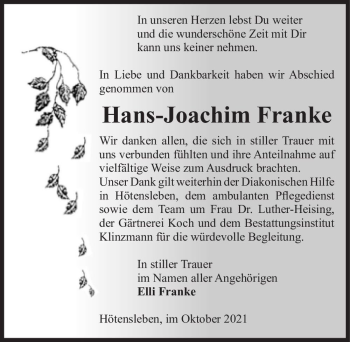 Traueranzeige von Hans-Joachim Franke  von Magdeburger Volksstimme