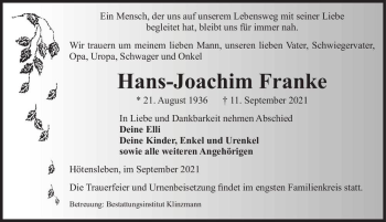 Traueranzeige von Hans-Joachim Franke  von Magdeburger Volksstimme