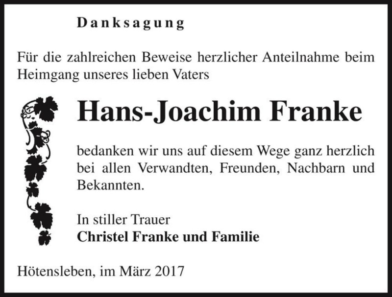  Traueranzeige für Hans-Joachim Franke  vom 24.03.2017 aus Magdeburger Volksstimme