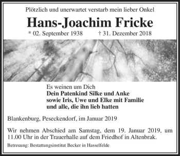 Traueranzeige von Hans-Joachim Fricke  von Magdeburger Volksstimme