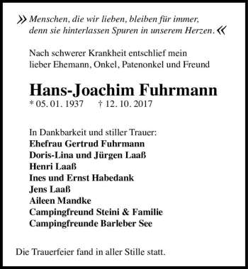 Traueranzeige von Hans-Joachim Fuhrmann  von Magdeburger Volksstimme