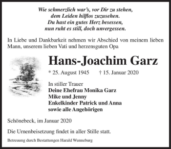 Traueranzeige von Hans-Joachim Garz  von Magdeburger Volksstimme