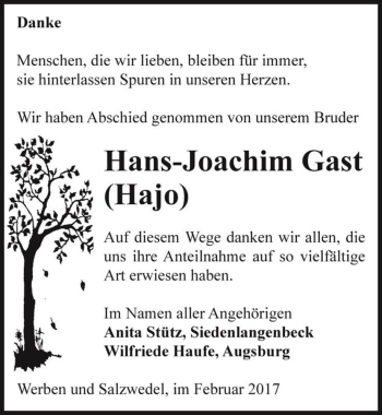 Traueranzeige von Hans-Joachim Gast 