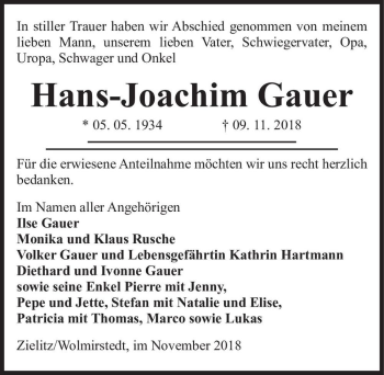 Traueranzeige von Hans-Joachim Gauer  von Magdeburger Volksstimme