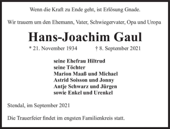 Traueranzeige von Hans-Joachim Gaul  von Magdeburger Volksstimme