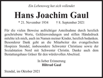 Traueranzeige von Hans-Joachim Gaul  von Magdeburger Volksstimme