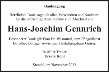 Traueranzeige von Hans-Joachim Gennrich  von Magdeburger Volksstimme