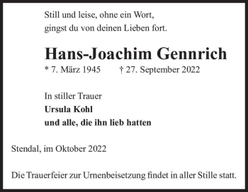Traueranzeige von Hans-Joachim Gennrich  von Magdeburger Volksstimme