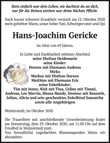 Traueranzeige von Hans-Joachim Gericke  von Magdeburger Volksstimme