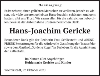 Traueranzeige von Hans-Joachim Gericke  von Magdeburger Volksstimme
