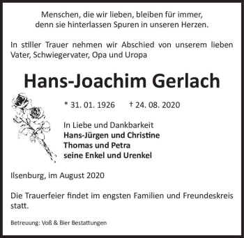 Traueranzeige von Hans-Joachim Gerlach  von Magdeburger Volksstimme