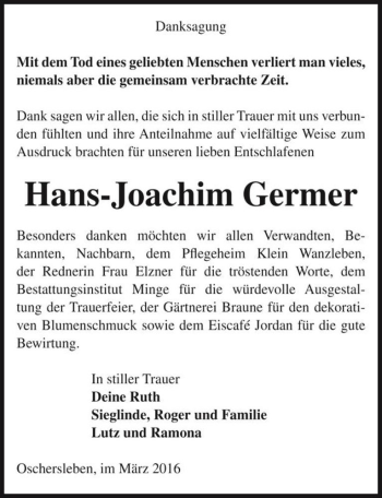 Traueranzeige von Hans-Joachim Germer  von Magdeburger Volksstimme