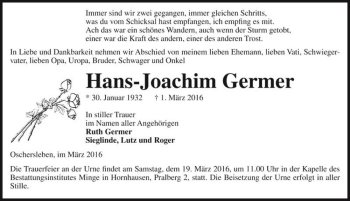 Traueranzeige von Hans-Joachim Gerner  von Magdeburger Volksstimme