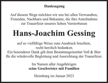 Traueranzeige von Hans-Joachim Gessing  von Magdeburger Volksstimme