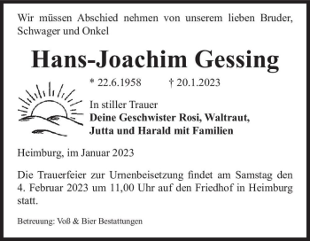 Traueranzeige von Hans-Joachim Gessing  von Magdeburger Volksstimme