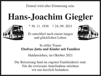 Traueranzeige von Hans-Joachim Giegler  von Magdeburger Volksstimme