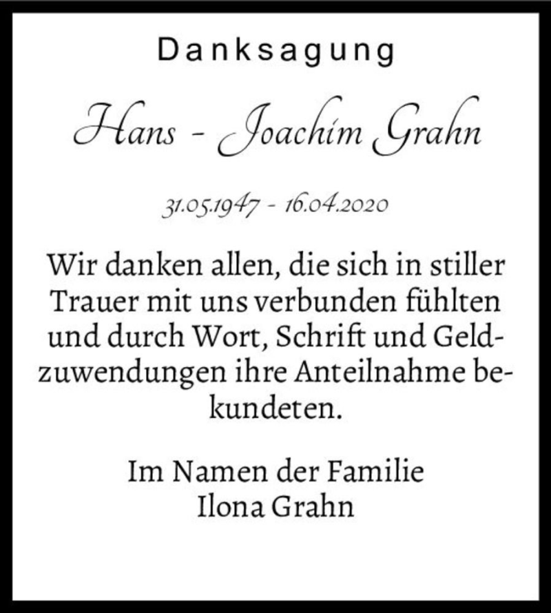  Traueranzeige für Hans - Joachim Grahn  vom 08.05.2020 aus Magdeburger Volksstimme