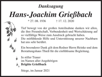 Traueranzeige von Hans-Joachim Grießbach  von Magdeburger Volksstimme