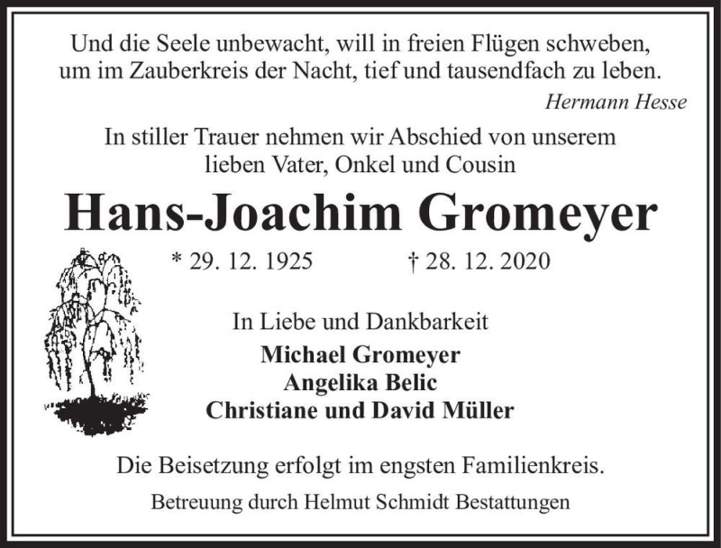  Traueranzeige für Hans-Joachim Gromeyer  vom 23.01.2021 aus Magdeburger Volksstimme