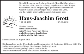 Traueranzeige von Hans-Joachim Grott  von Magdeburger Volksstimme