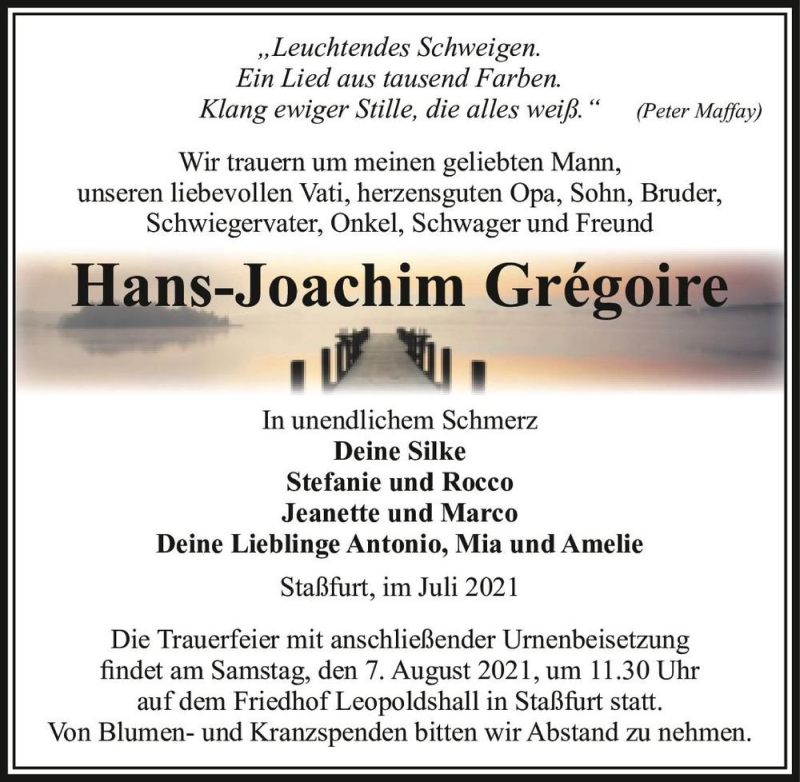  Traueranzeige für Hans-Joachim Grégoire  vom 31.07.2021 aus Magdeburger Volksstimme