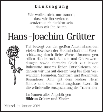 Traueranzeige von Hans-Joachim Grütter  von Magdeburger Volksstimme