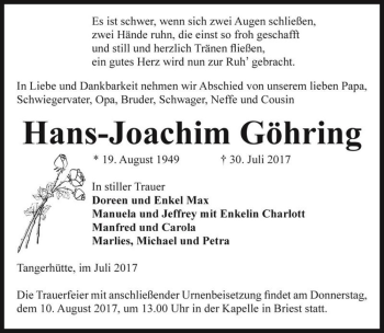 Traueranzeige von Hans-Joachim Göhring  von Magdeburger Volksstimme