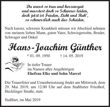 Traueranzeige von Hans-Joachim Günther  von Magdeburger Volksstimme