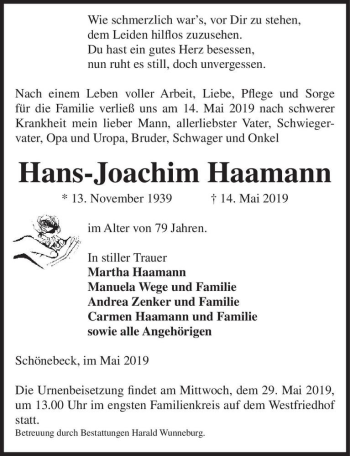 Traueranzeige von Hans-Joachim Haamann  von Magdeburger Volksstimme