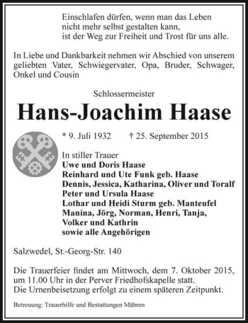 Traueranzeige von Hans-Joachim Haase  von Magdeburger Volksstimme