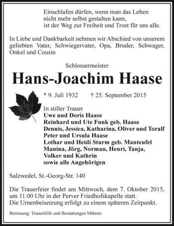 Traueranzeige von Hans-Joachim Haase  von Magdeburger Volksstimme