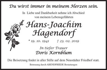 Traueranzeige von Hans-Joachim Hagendorf  von Magdeburger Volksstimme