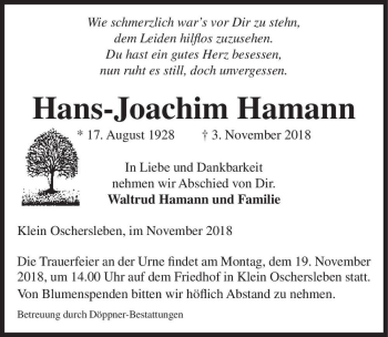Traueranzeige von Hans-Joachim Hamann  von Magdeburger Volksstimme