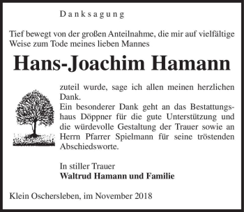 Traueranzeige von Hans-Joachim Hamann  von Magdeburger Volksstimme