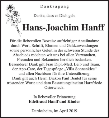 Traueranzeige von Hans-Joachim Hanff  von Magdeburger Volksstimme