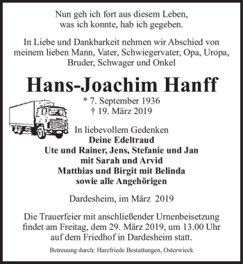 Traueranzeige von Hans-Joachim Hanff  von Magdeburger Volksstimme